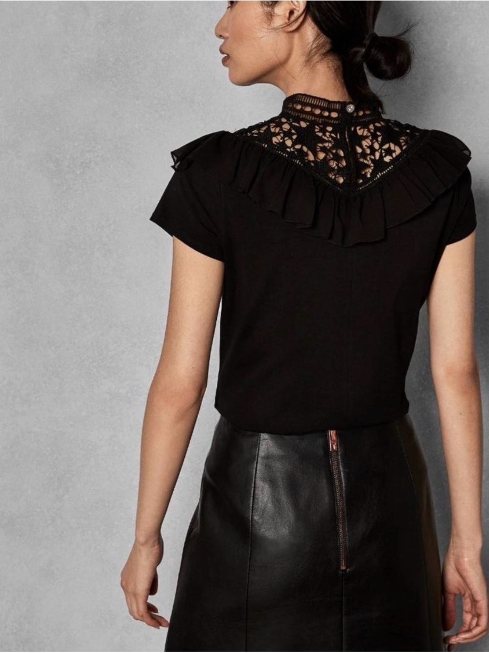 Ted Baker Aurra Black Lace Yoke Ruffle Sleeve Top